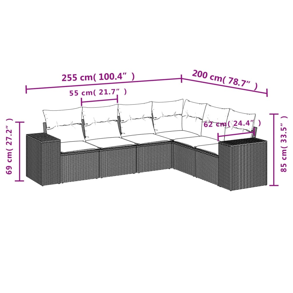 Set Divano da Giardino 6 pz con Cuscini Nero in Polyrattan | homemem39