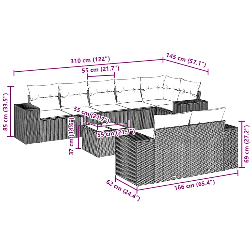 Set Divani da Giardino 9 pz con Cuscini Nero in Polyrattan