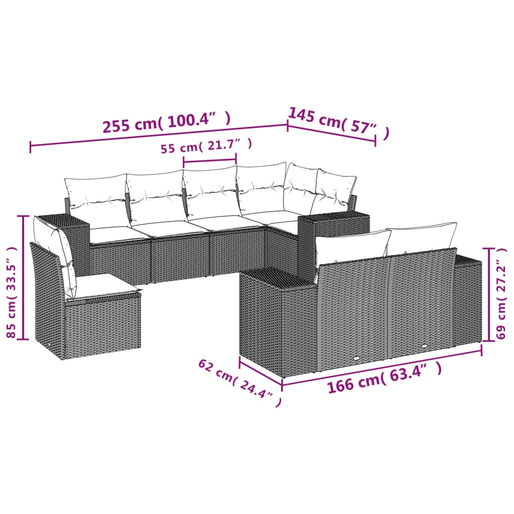 Set Divano da Giardino 8 pz con Cuscini Beige in Polyrattan | homemem39