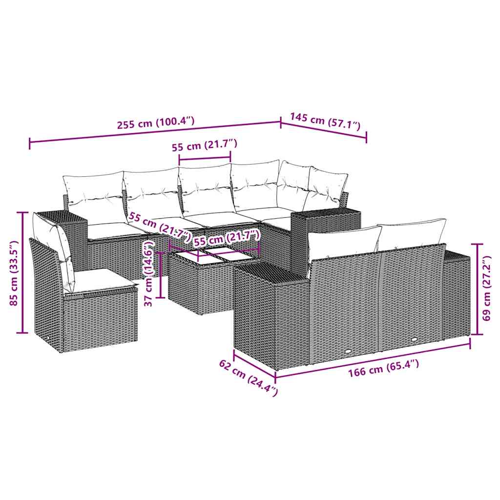 Set Divani da Giardino 9 pz con Cuscini Nero in Polyrattan