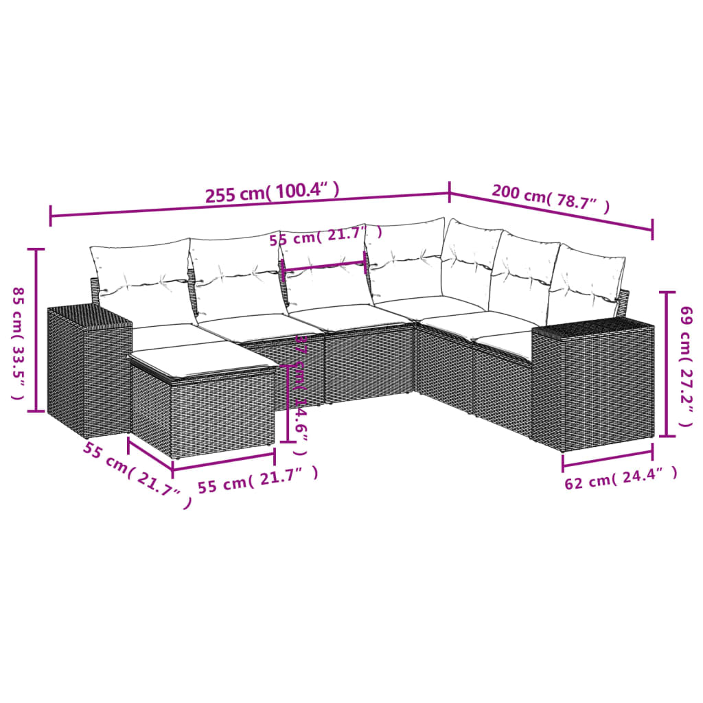 Set Divani da Giardino 7 pz con Cuscini Marrone in Polyrattan | homemem39