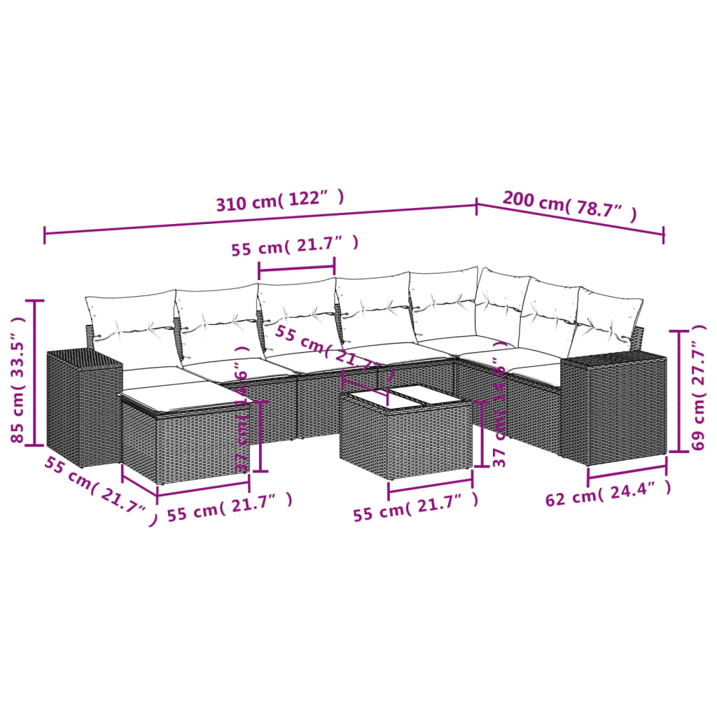 Set Divani da Giardino 9 pz con Cuscini Nero in Polyrattan | homemem39