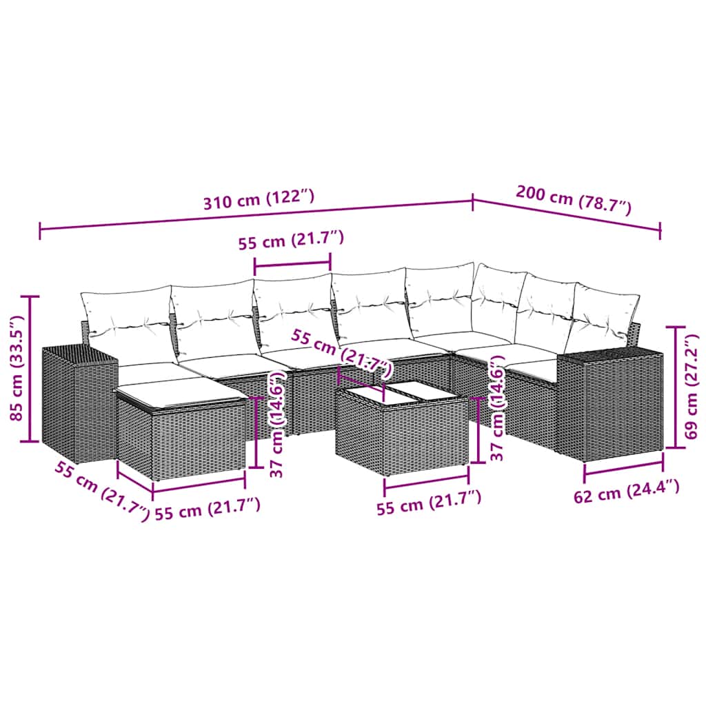 Set Divani da Giardino 9 pz con Cuscini Nero in Polyrattan