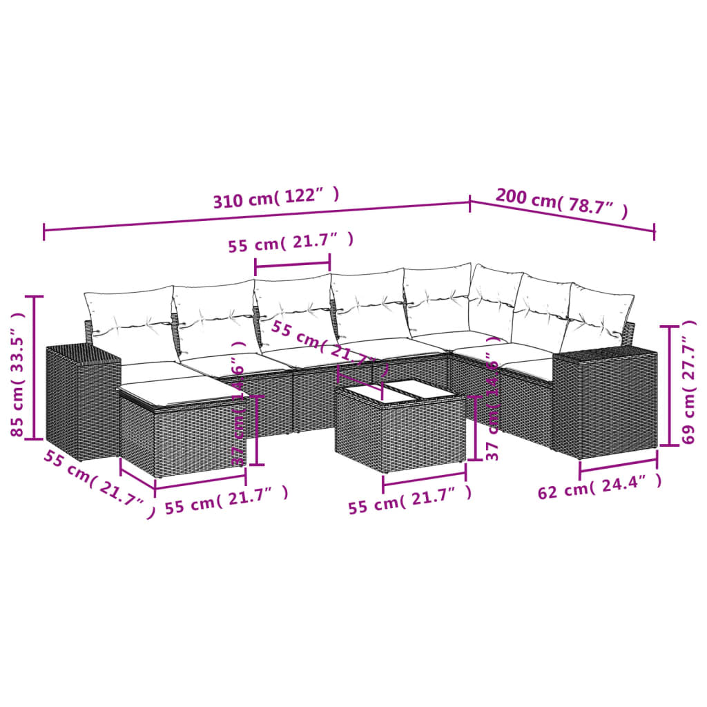 Set Divano da Giardino 9 pz con Cuscini Grigio in Polyrattan | homemem39