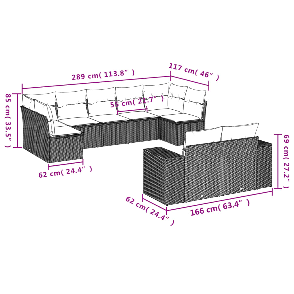 Set Divani da Giardino 9 pz con Cuscini Nero in Polyrattan | homemem39