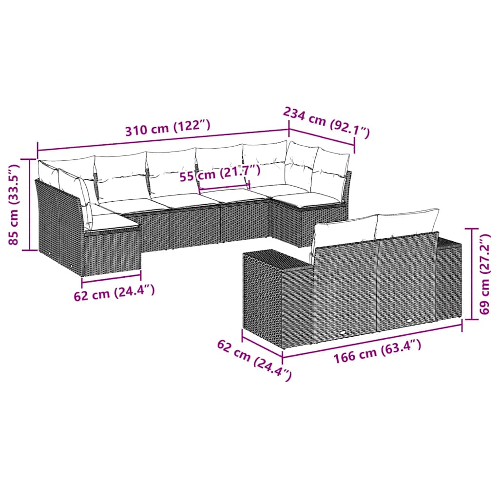 Set Divani da Giardino 9 pz con Cuscini Nero in Polyrattan | homemem39