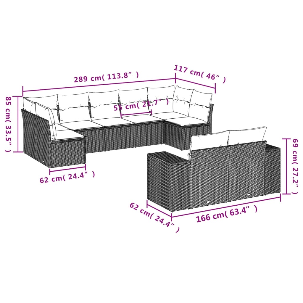 Set Divano da Giardino 9 pz con Cuscini Beige in Polyrattan | homemem39