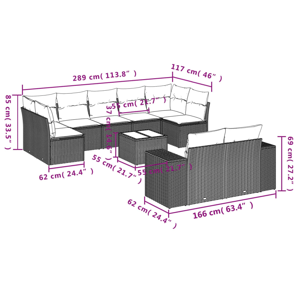 Set Divani da Giardino 10pz con Cuscini in Polyrattan Nero
