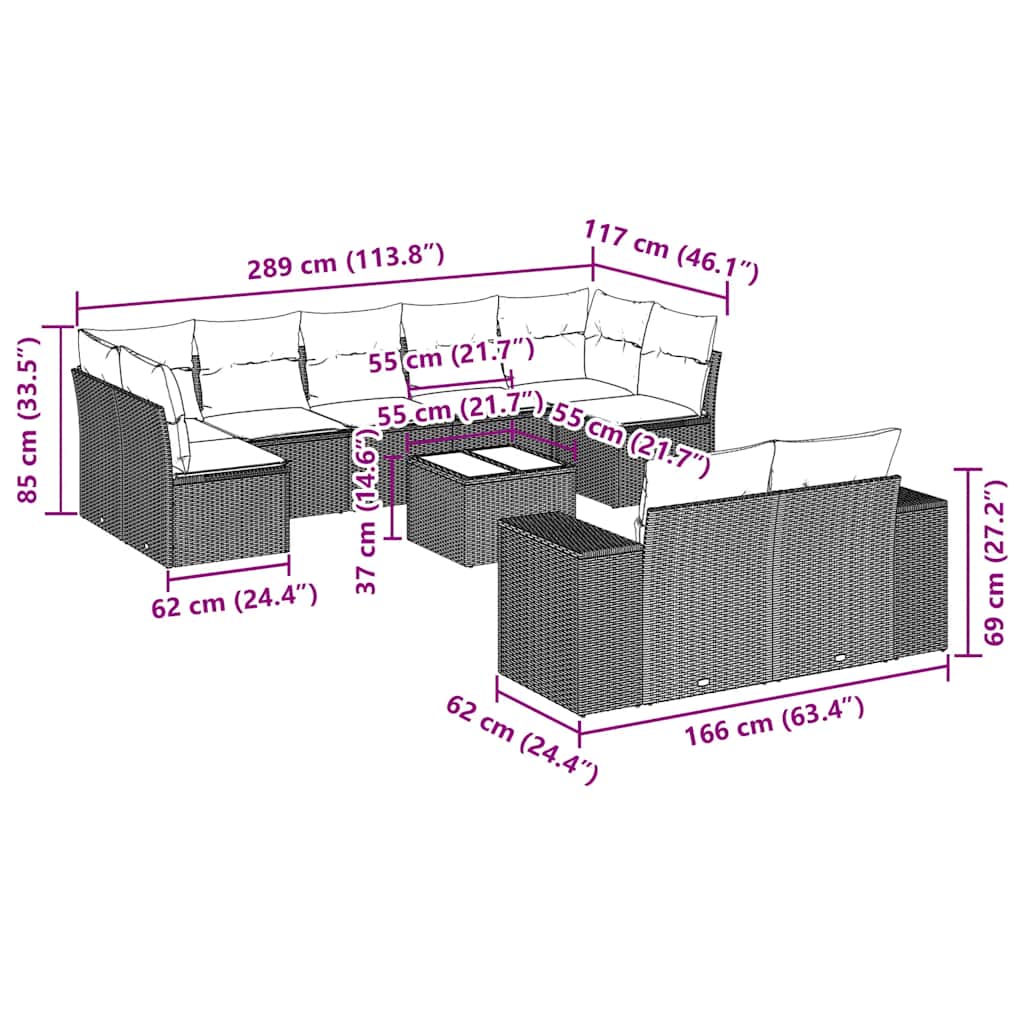 Set Divani da Giardino 10pz con Cuscini in Polyrattan Nero | homemem39