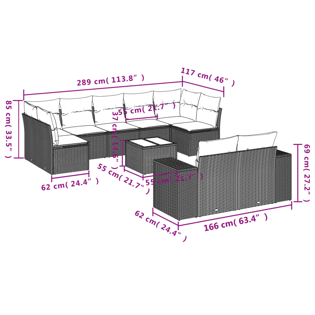 Set Divano da Giardino 10 pz con Cuscini Grigio in Polyrattan