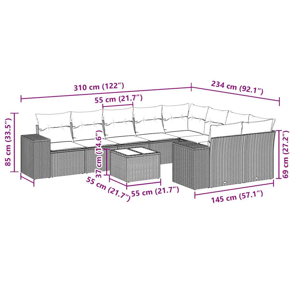 Set Divani da Giardino 10pz con Cuscini in Polyrattan Nero | homemem39