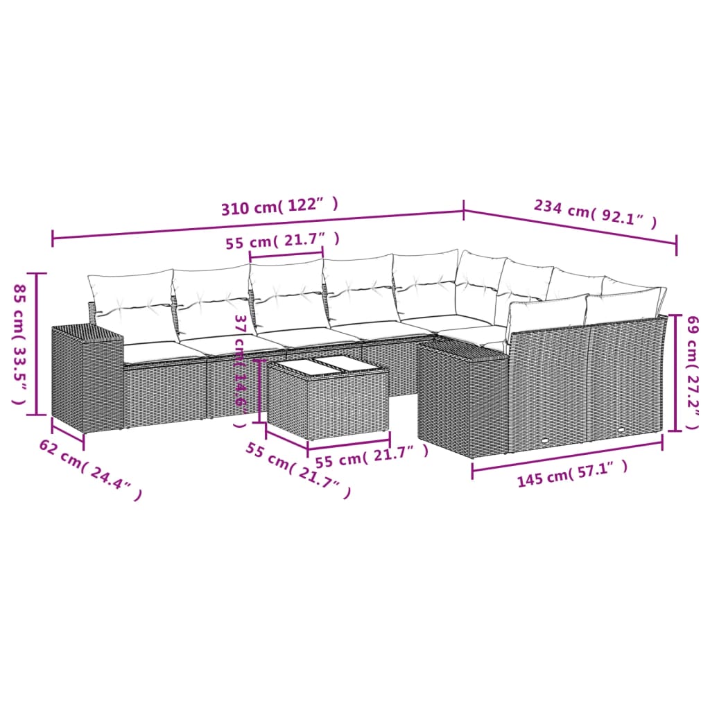 Set Divano da Giardino 10 pz con Cuscini Grigio in Polyrattan | homemem39