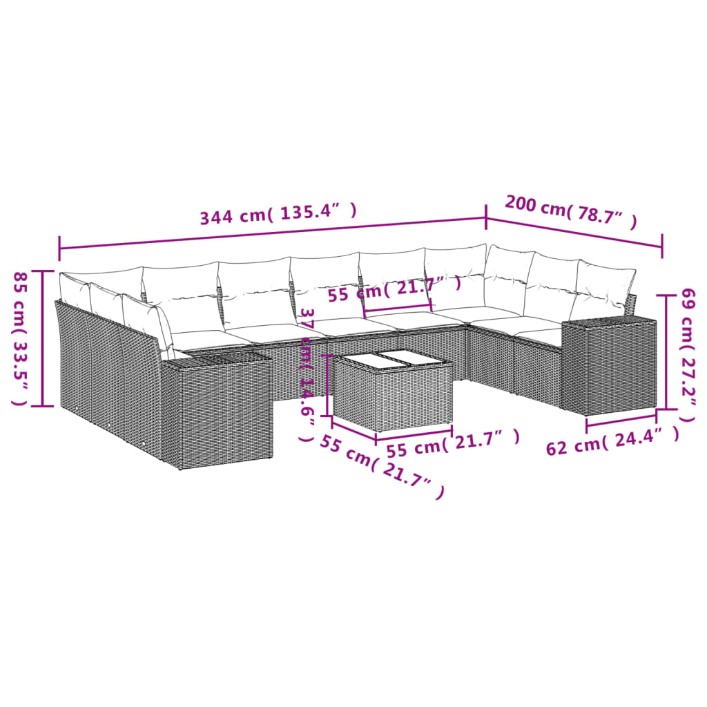 Set Divani da Giardino 11 pz con Cuscini in Polyrattan Nero