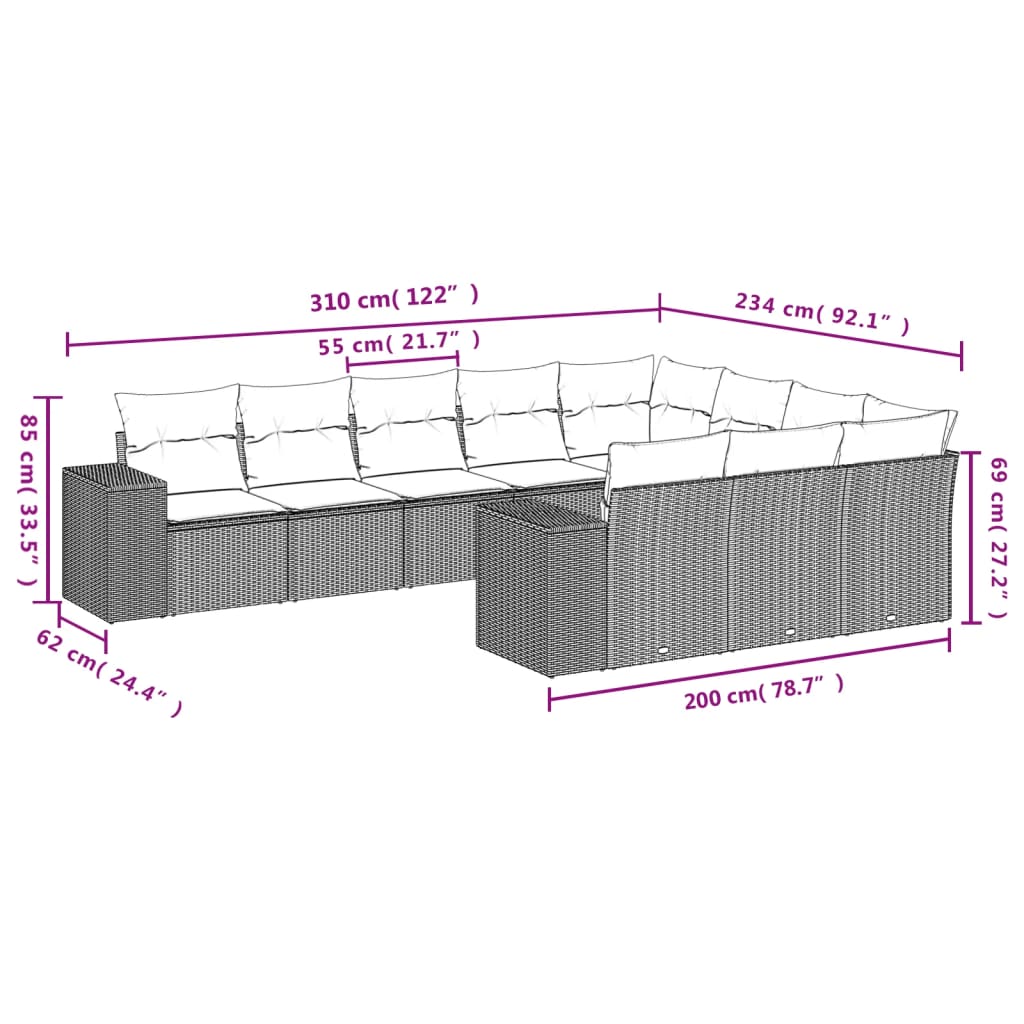 Set Divano Giardino 10 pz con Cuscini Grigio Chiaro Polyrattan | homemem39