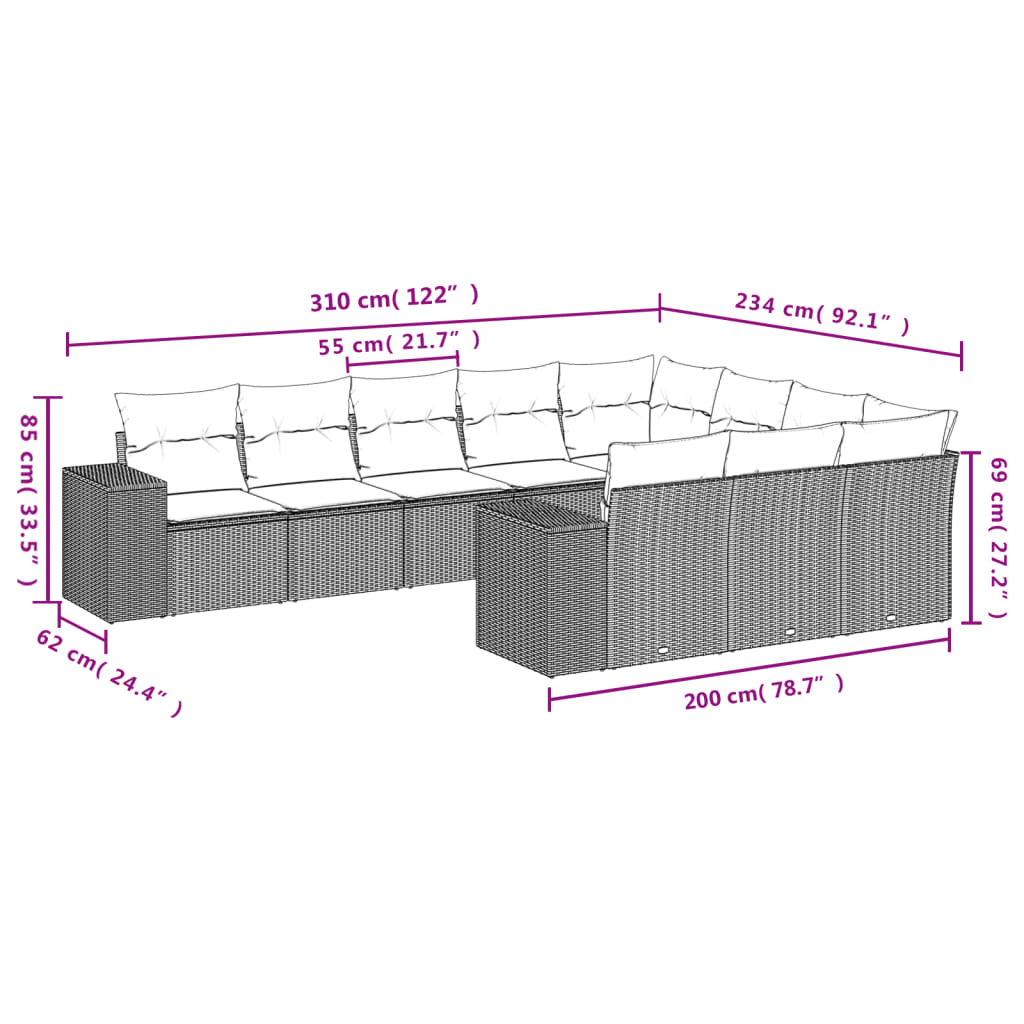 Set Divani da Giardino 10pz con Cuscini in Polyrattan Marrone | homemem39