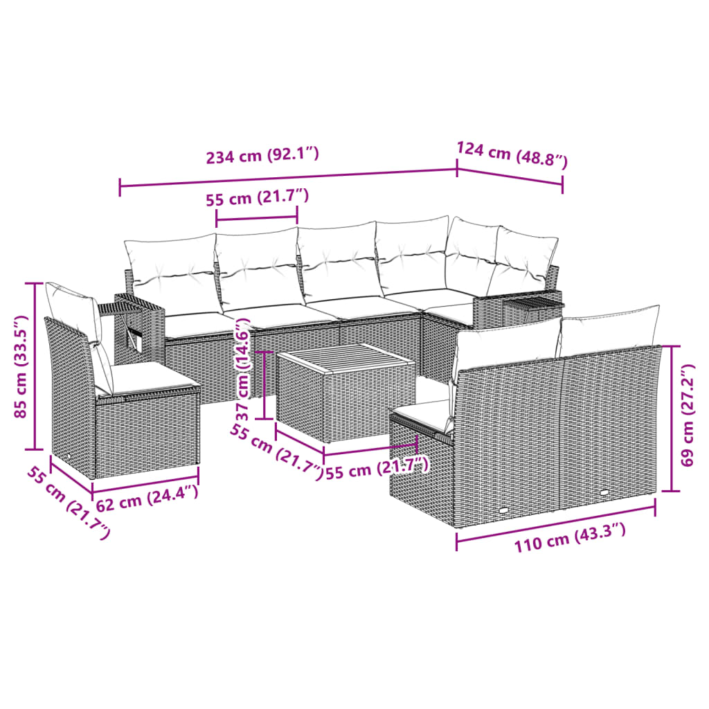 Set Divani da Giardino 9 pz con Cuscini Nero in Polyrattan