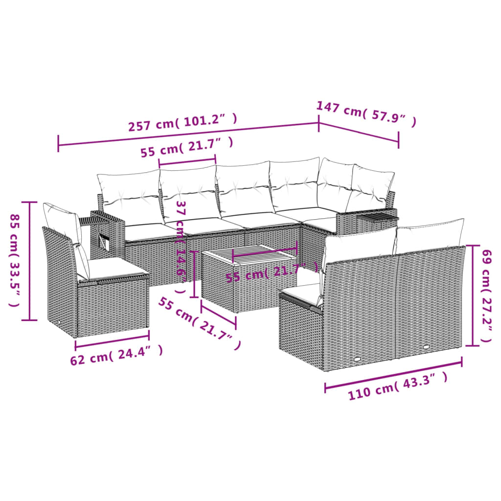 Set Divani da Giardino 9 pz con Cuscini Nero in Polyrattan | homemem39