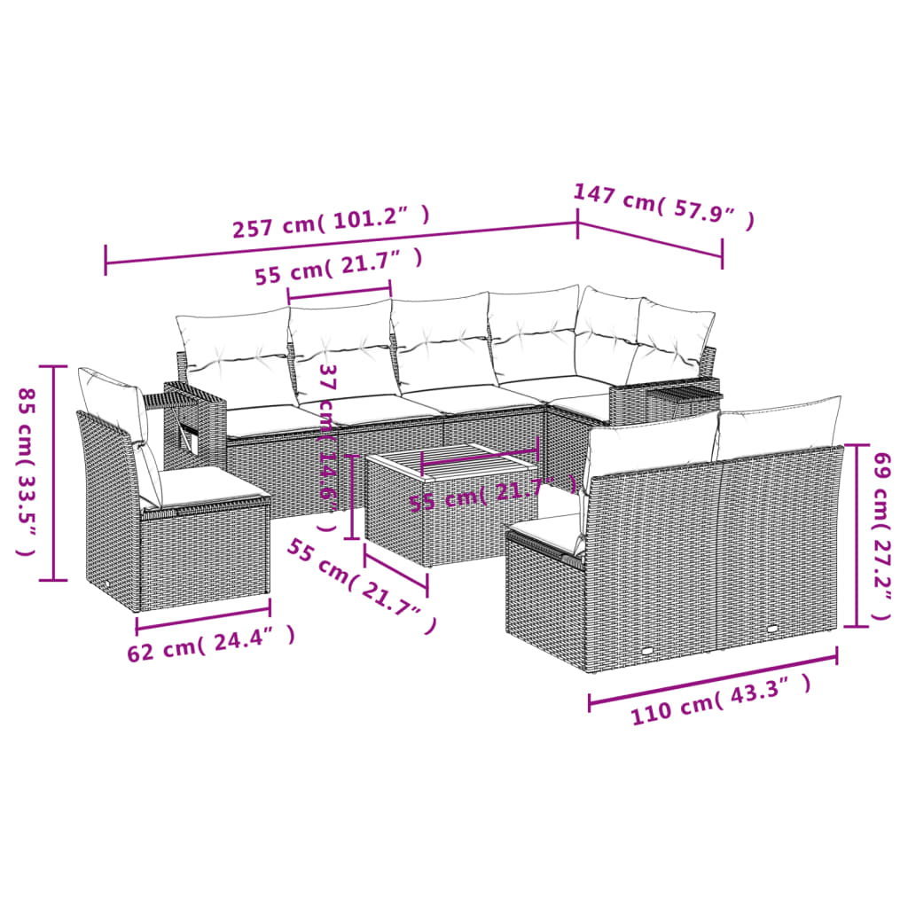 Set Divano da Giardino 9 pz con Cuscini Grigio in Polyrattan | homemem39