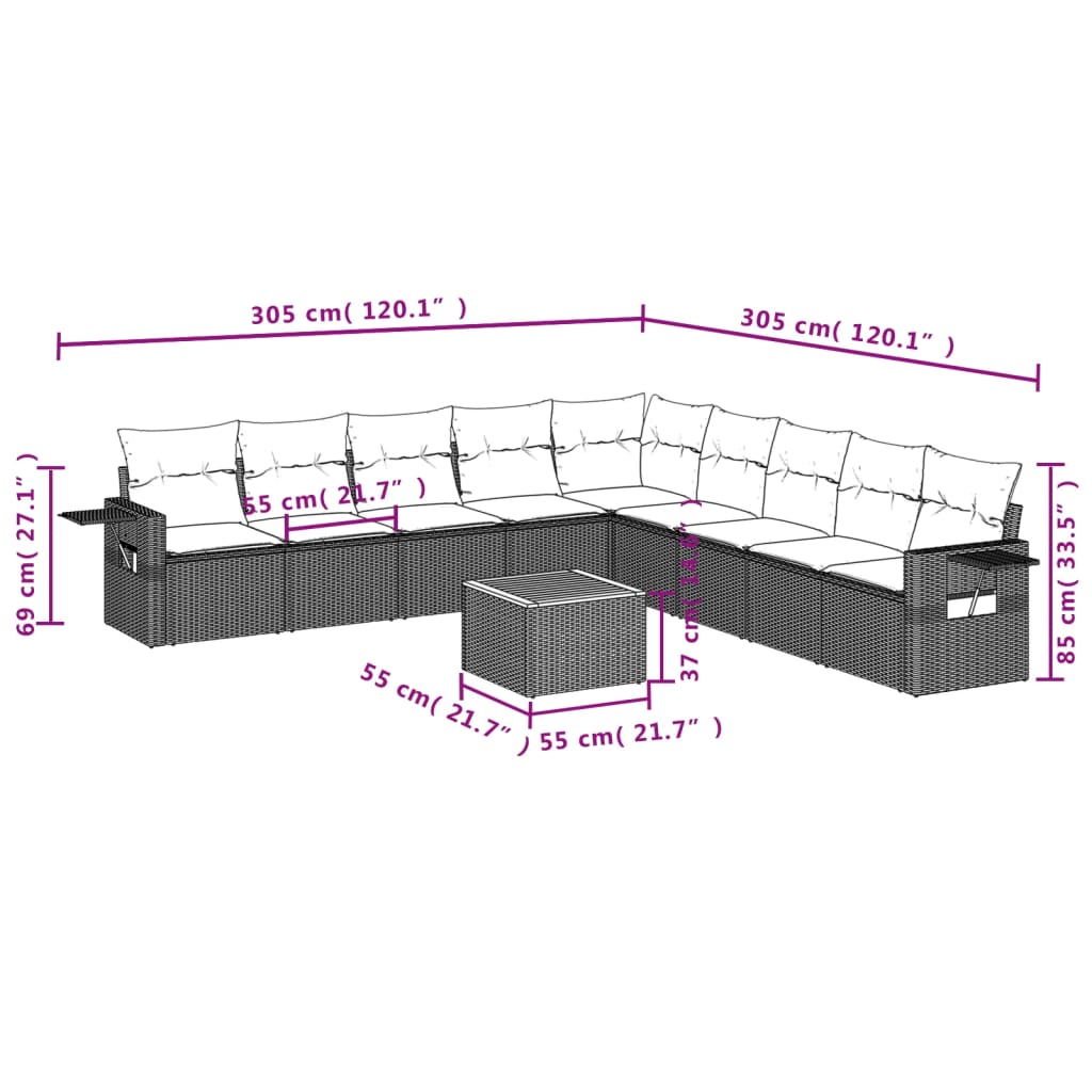 Set Divani da Giardino 10pz con Cuscini in Polyrattan Nero | homemem39