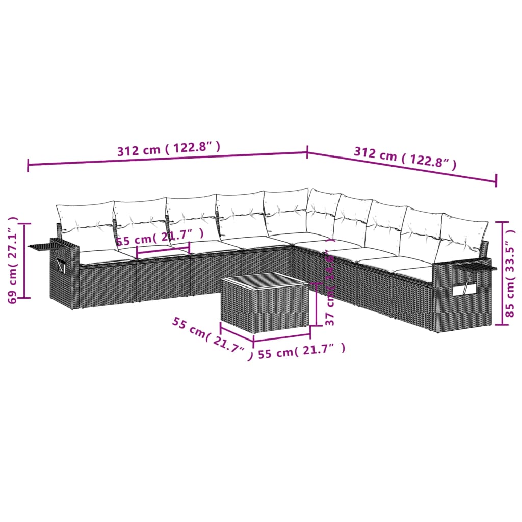 Set Divano da Giardino 10 pz con Cuscini Grigio in Polyrattan