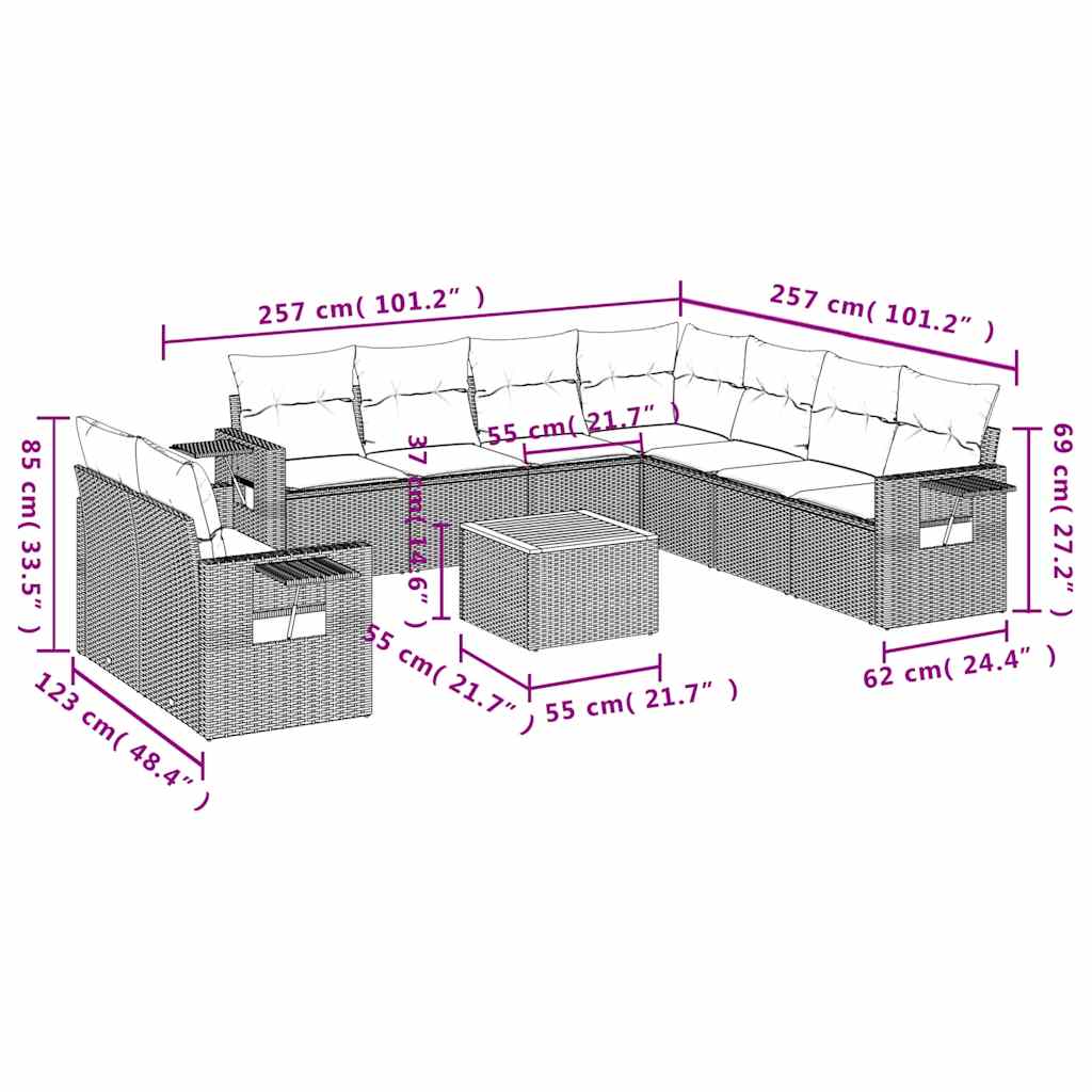 Set Divani da Giardino 10pz con Cuscini in Polyrattan Nero
