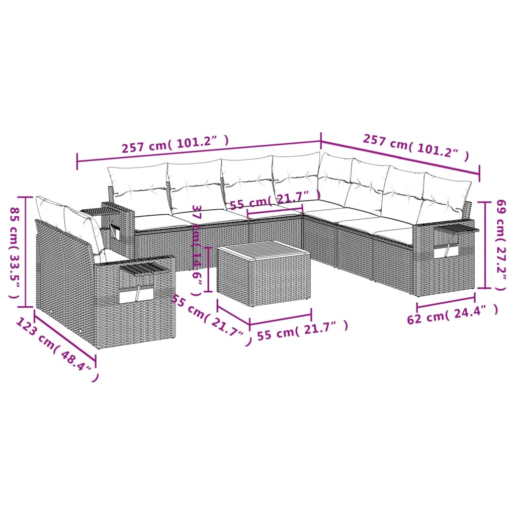 Set Divani da Giardino 10pz con Cuscini in Polyrattan Nero | homemem39