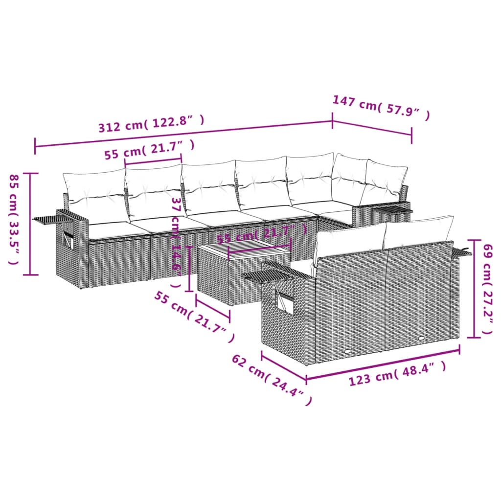 Set Divano da Giardino 9 pz con Cuscini Grigio in Polyrattan | homemem39