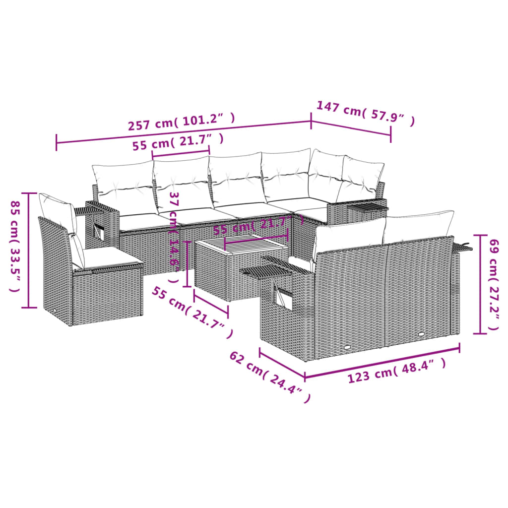 Set Divano da Giardino 9 pz con Cuscini Grigio in Polyrattan | homemem39