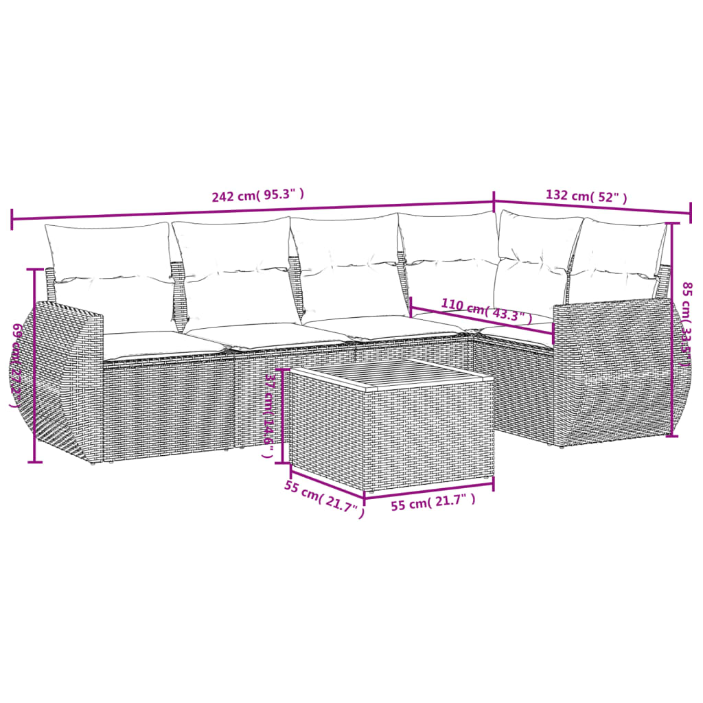 Set Divano da Giardino 6 pz con Cuscini Beige in Polyrattan | homemem39