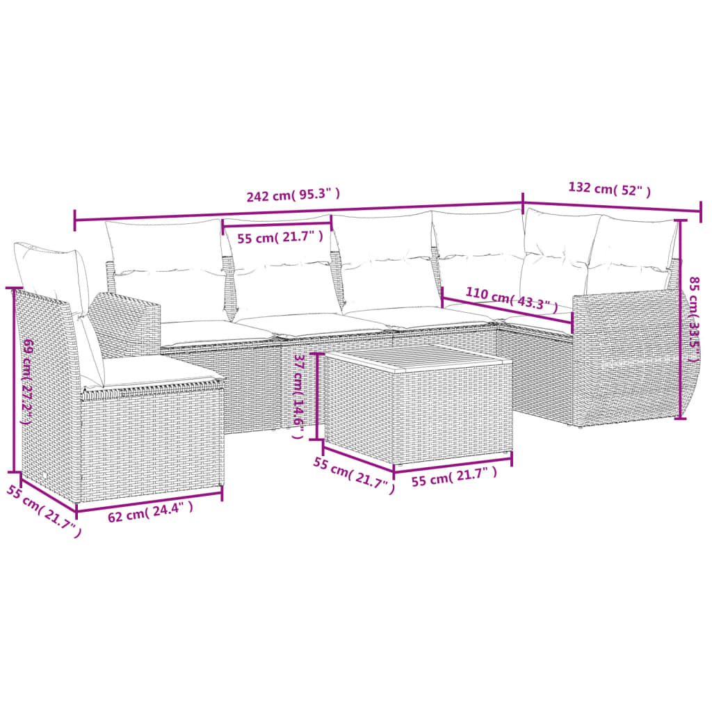 Set Divani da Giardino con Cuscini 7pz Nero Polyrattan