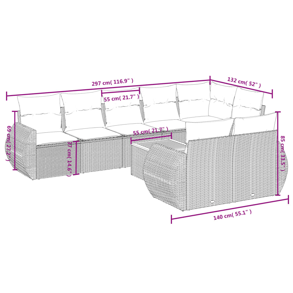 Set Divani da Giardino 9 pz con Cuscini Nero in Polyrattan | homemem39