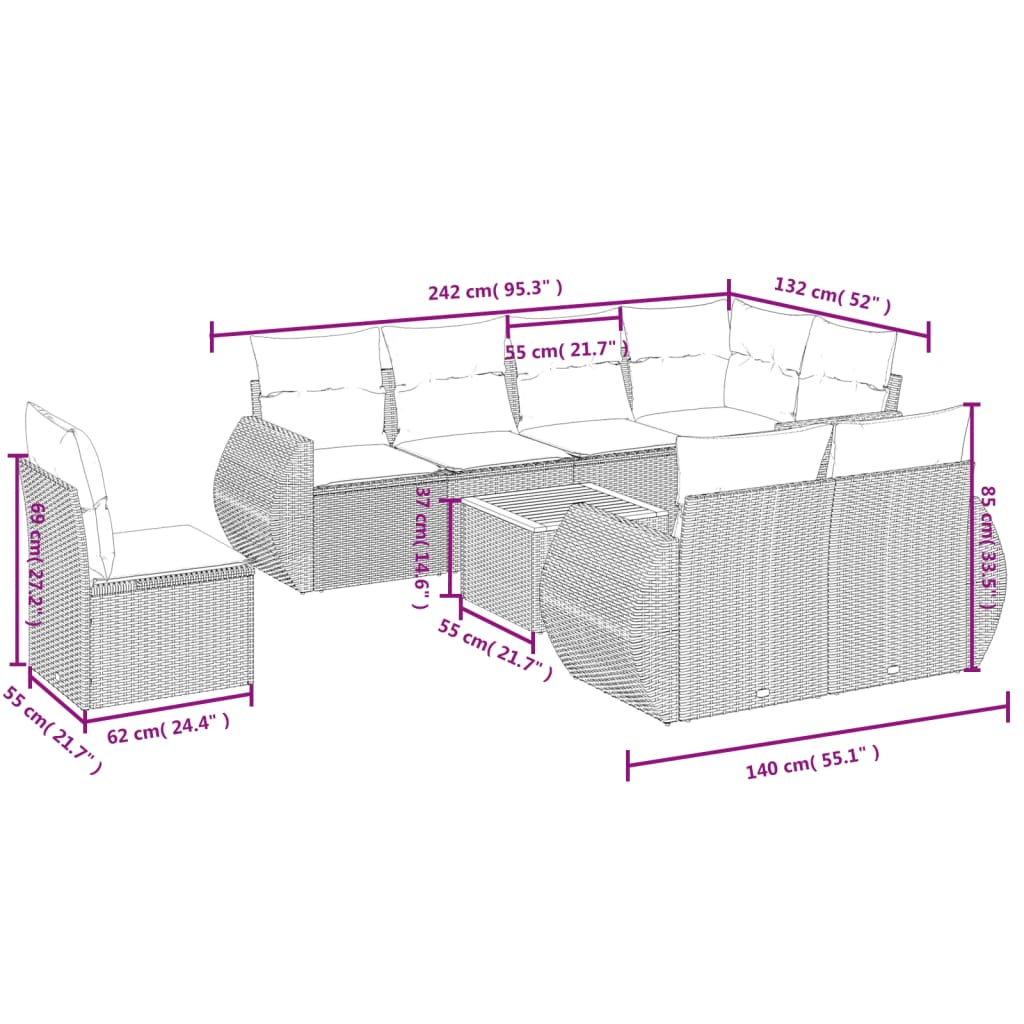 Set Divano da Giardino 9 pz con Cuscini Grigio in Polyrattan | homemem39