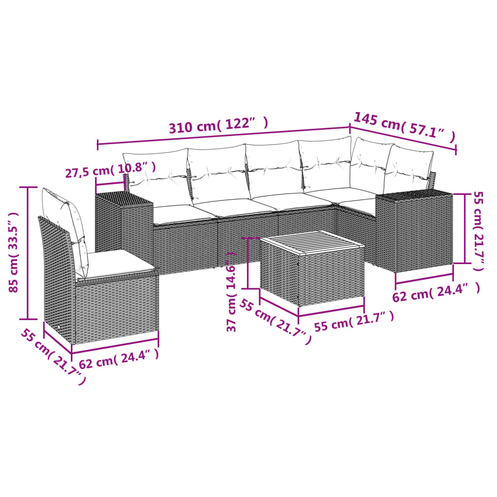 Set Divani da Giardino 7 pz con Cuscini Grigio in Polyrattan | homemem39
