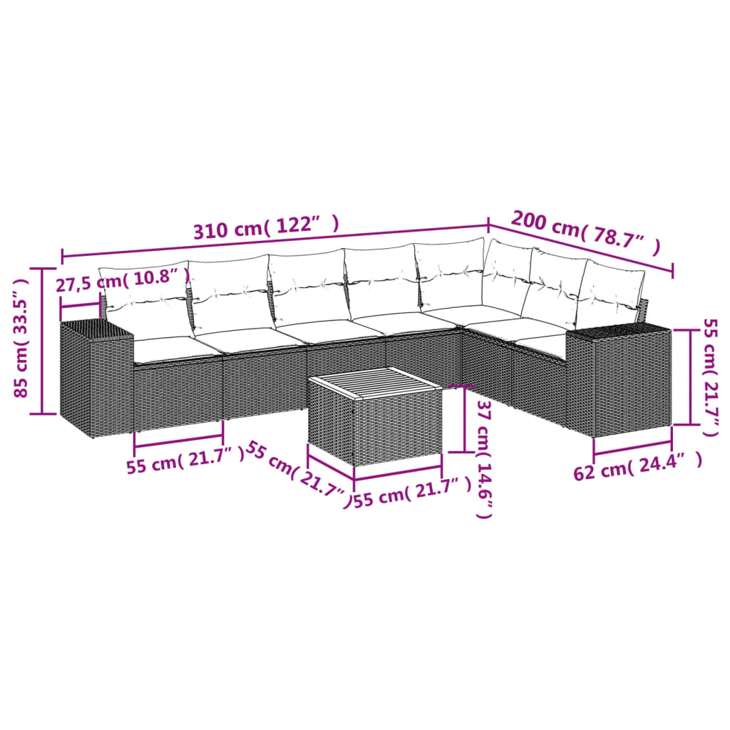 Set Divano da Giardino 8 pz con Cuscini Grigio in Polyrattan