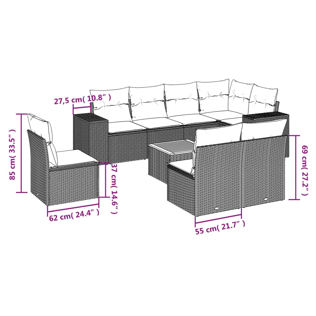 Set Divano da Giardino 9 pz con Cuscini Grigio in Polyrattan | homemem39
