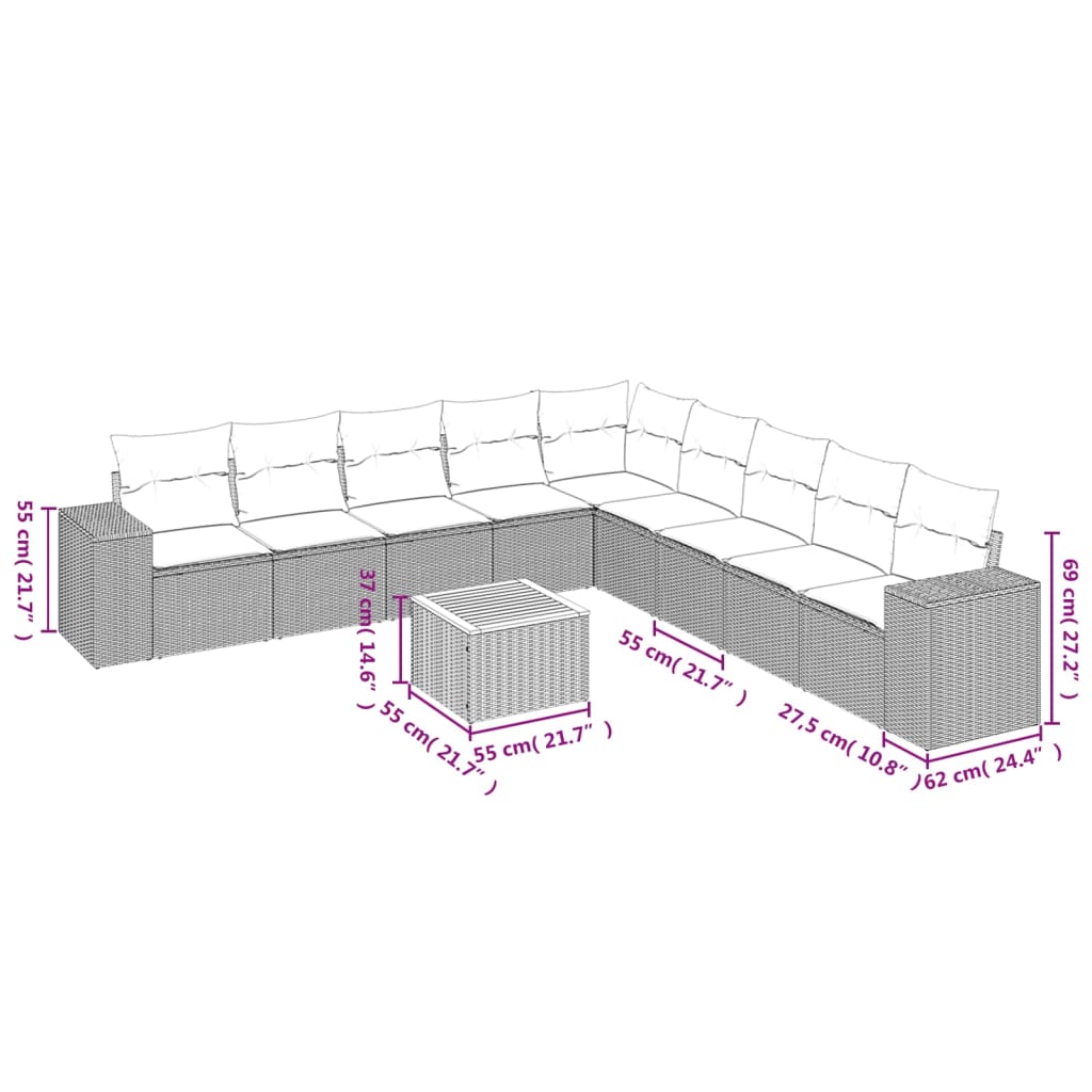 Set Divano da Giardino 10 pz con Cuscini Grigio in Polyrattan | homemem39