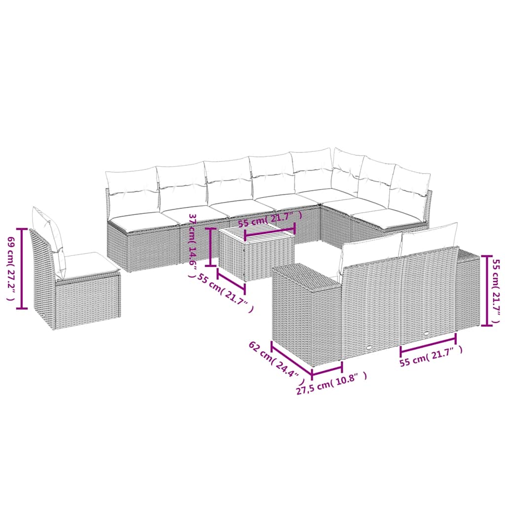 Set Divani da Giardino 11 pz con Cuscini in Polyrattan Nero