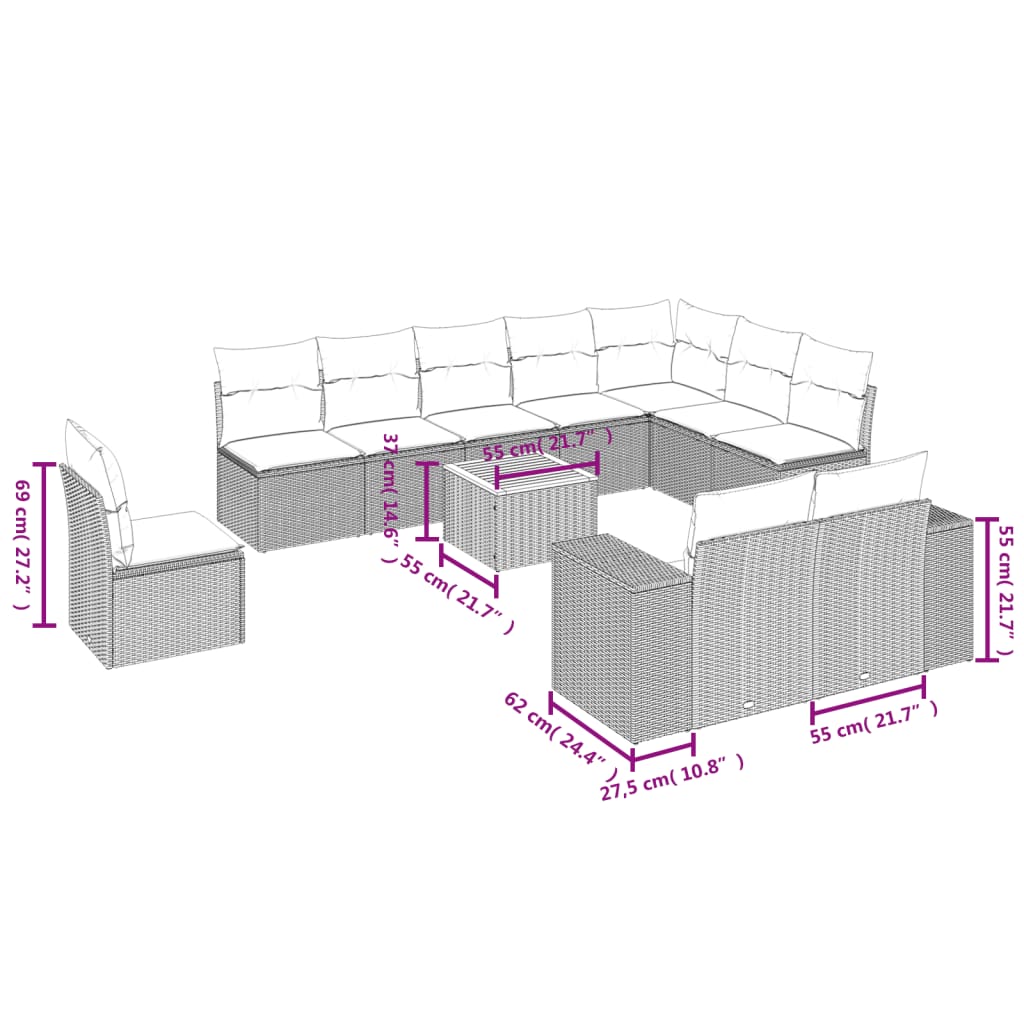 Set Divani da Giardino 11 pz con Cuscini in Polyrattan Nero | homemem39