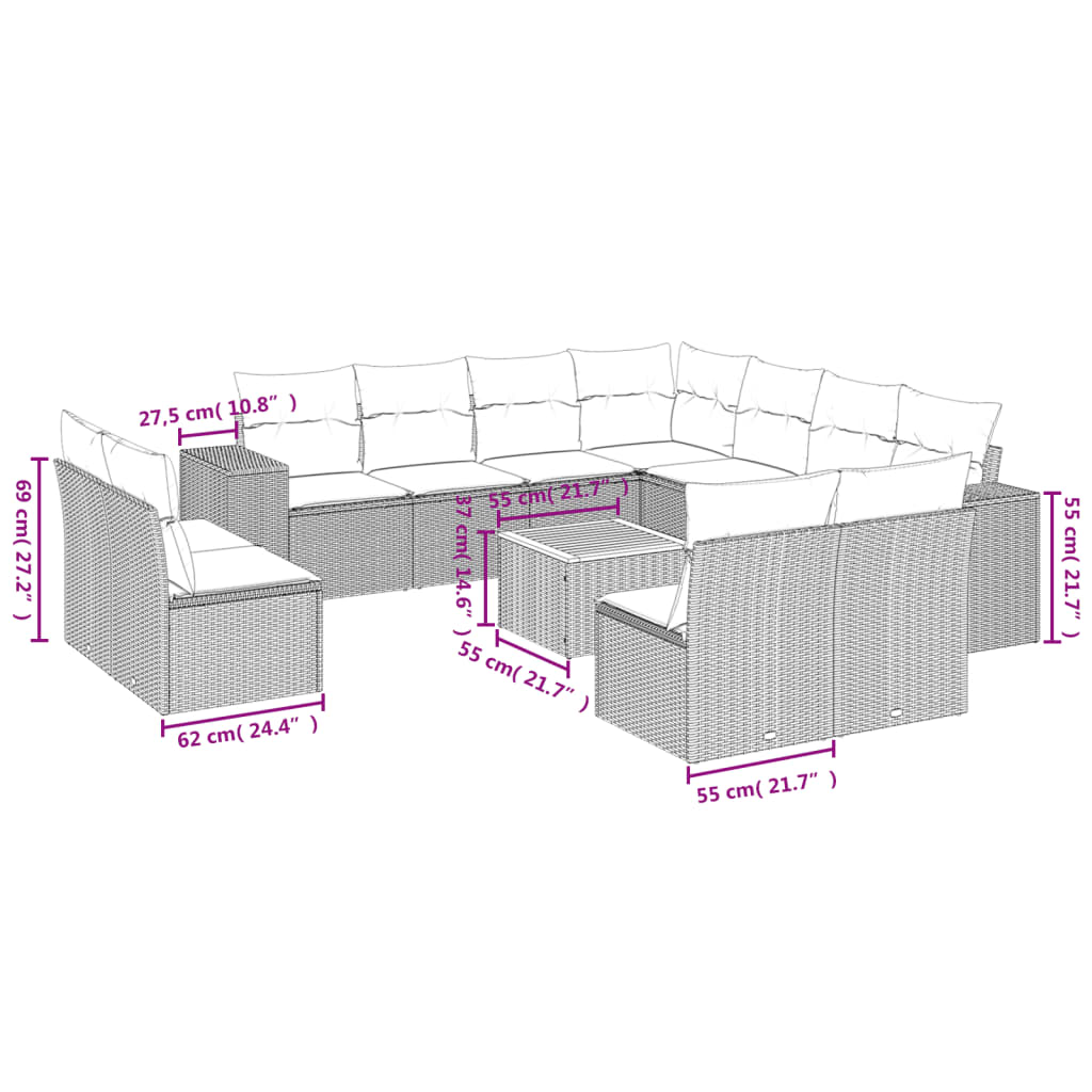 Set Divani da Giardino 12 pz con Cuscini Beige in Polyrattan