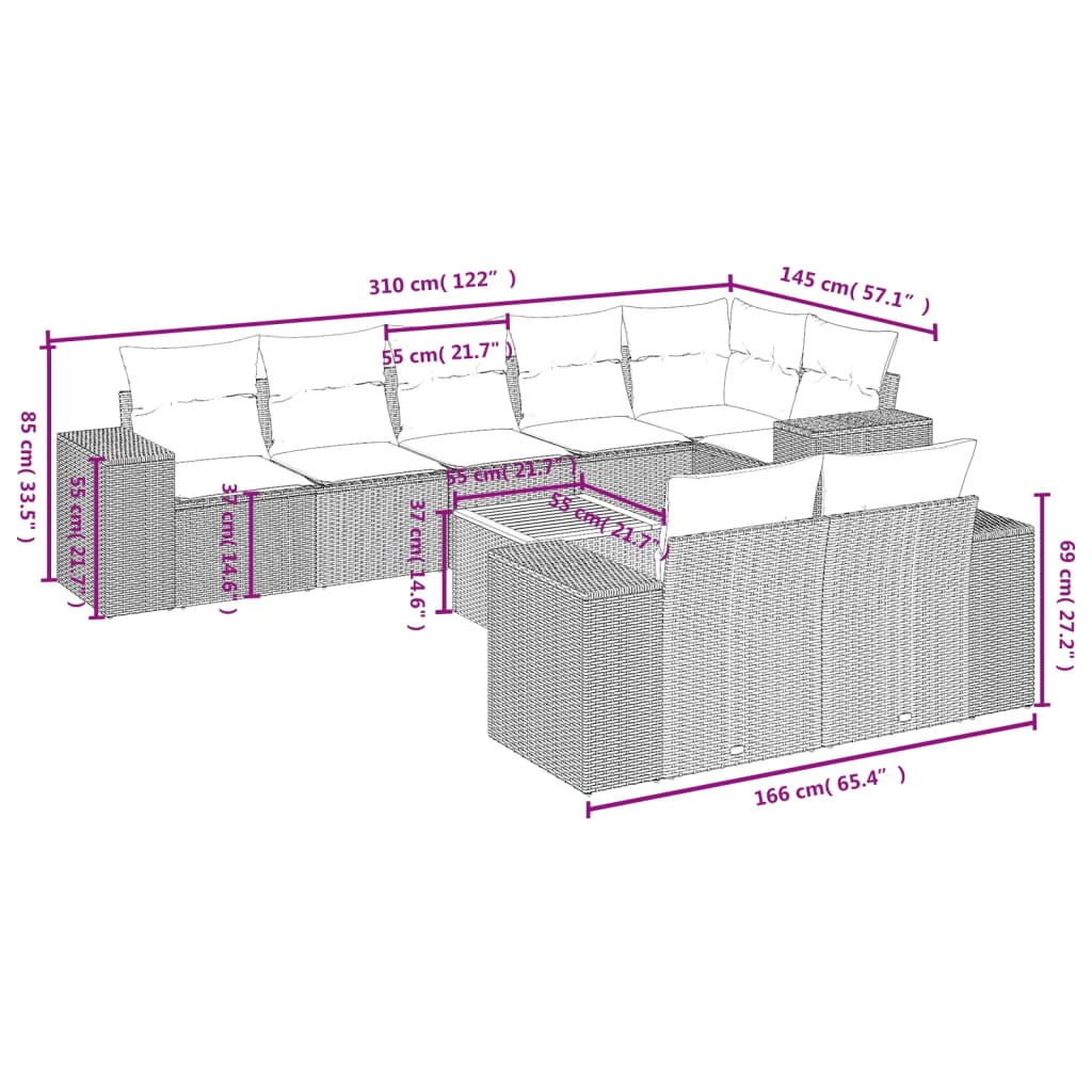 Set Divano da Giardino 9 pz con Cuscini Grigio in Polyrattan | homemem39