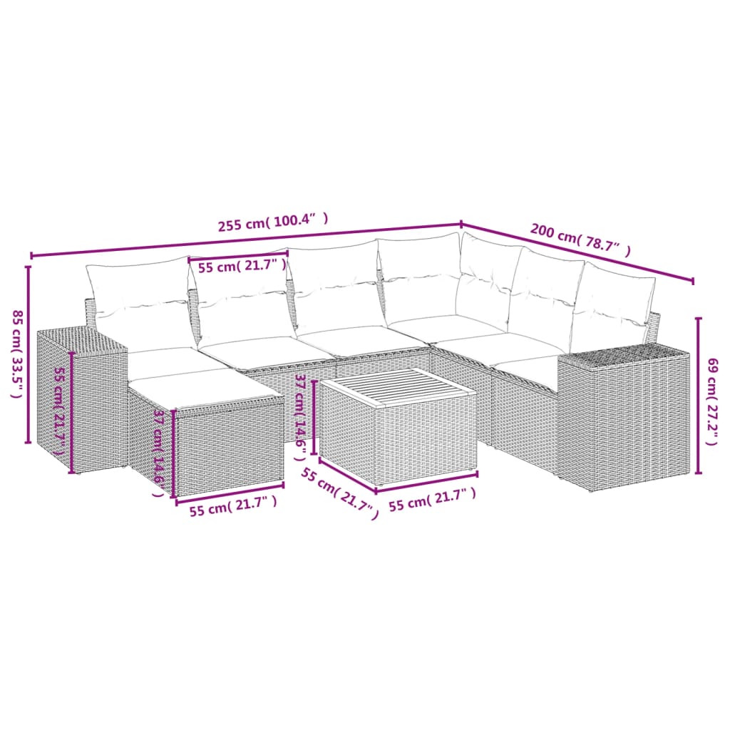Set Divani da Giardino con Cuscini 8 pz Nero in Polyrattan