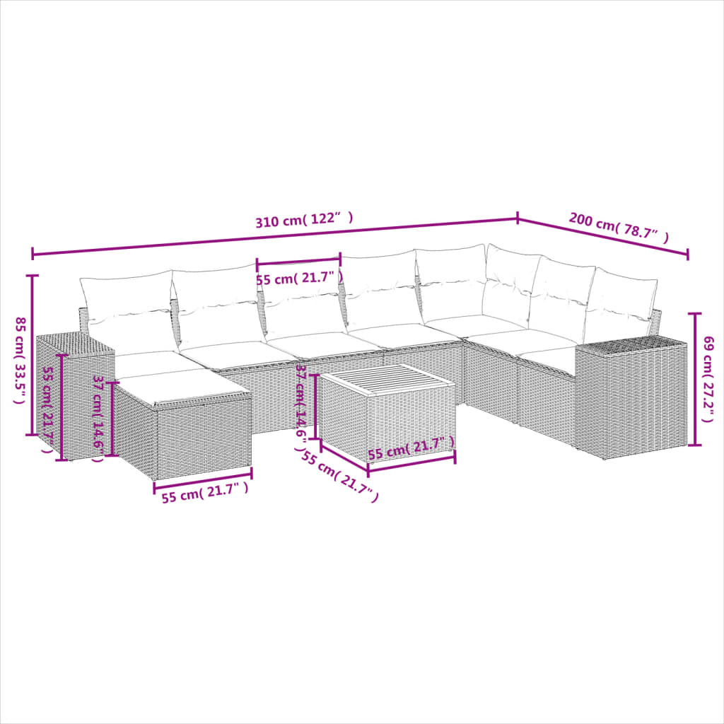 Set Divani da Giardino 9 pz con Cuscini Nero in Polyrattan