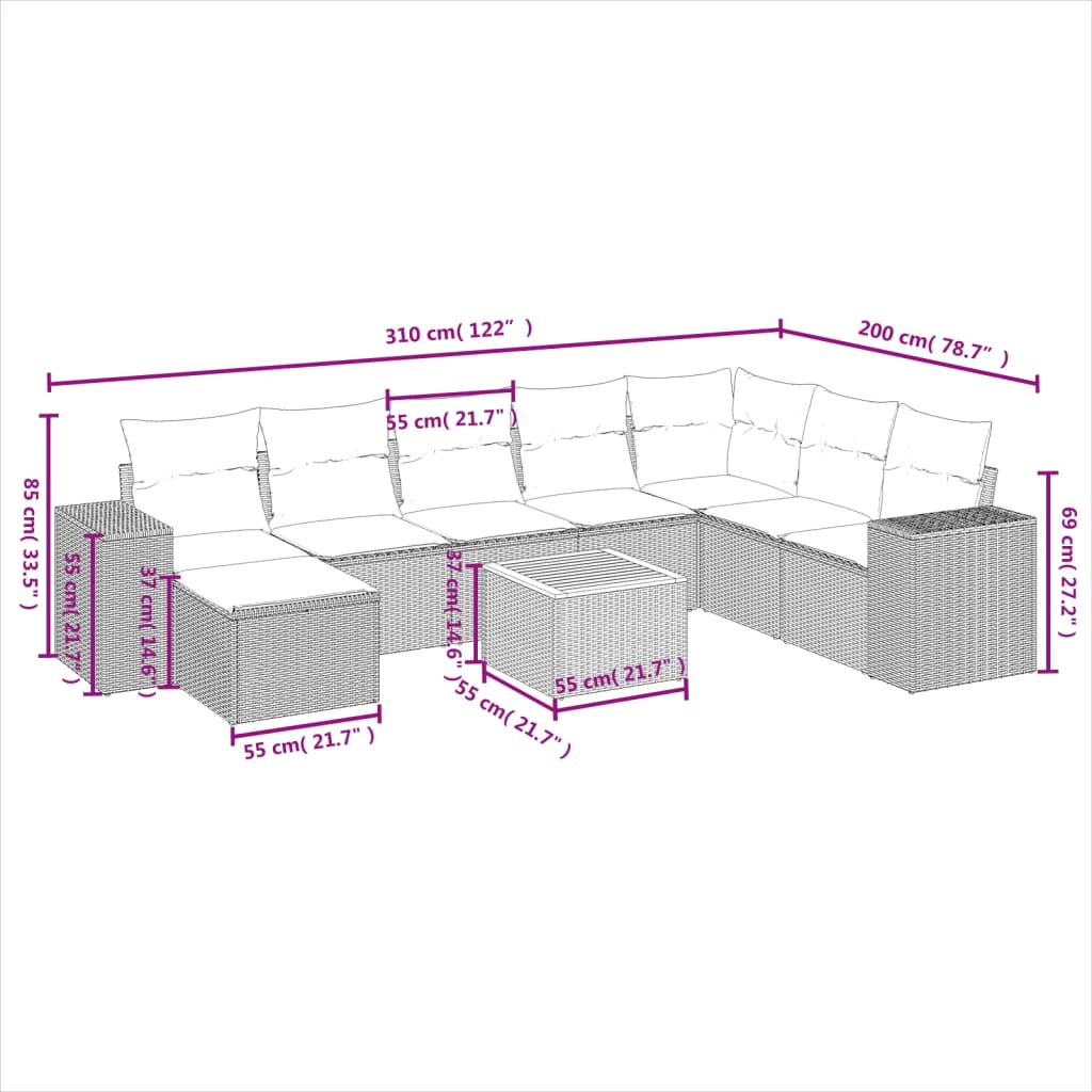 Set Divano da Giardino 9 pz con Cuscini Grigio in Polyrattan | homemem39
