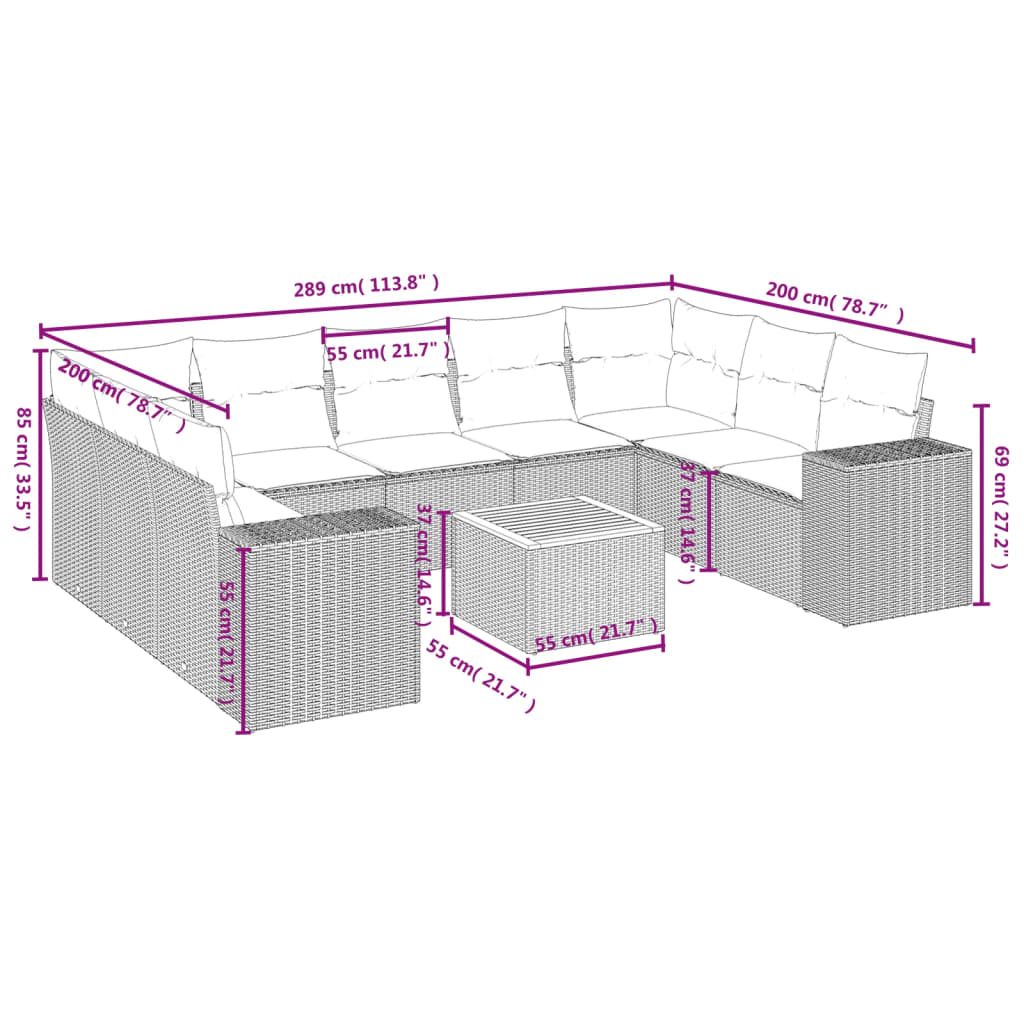 Set Divano da Giardino 10 pz con Cuscini Grigio in Polyrattan | homemem39