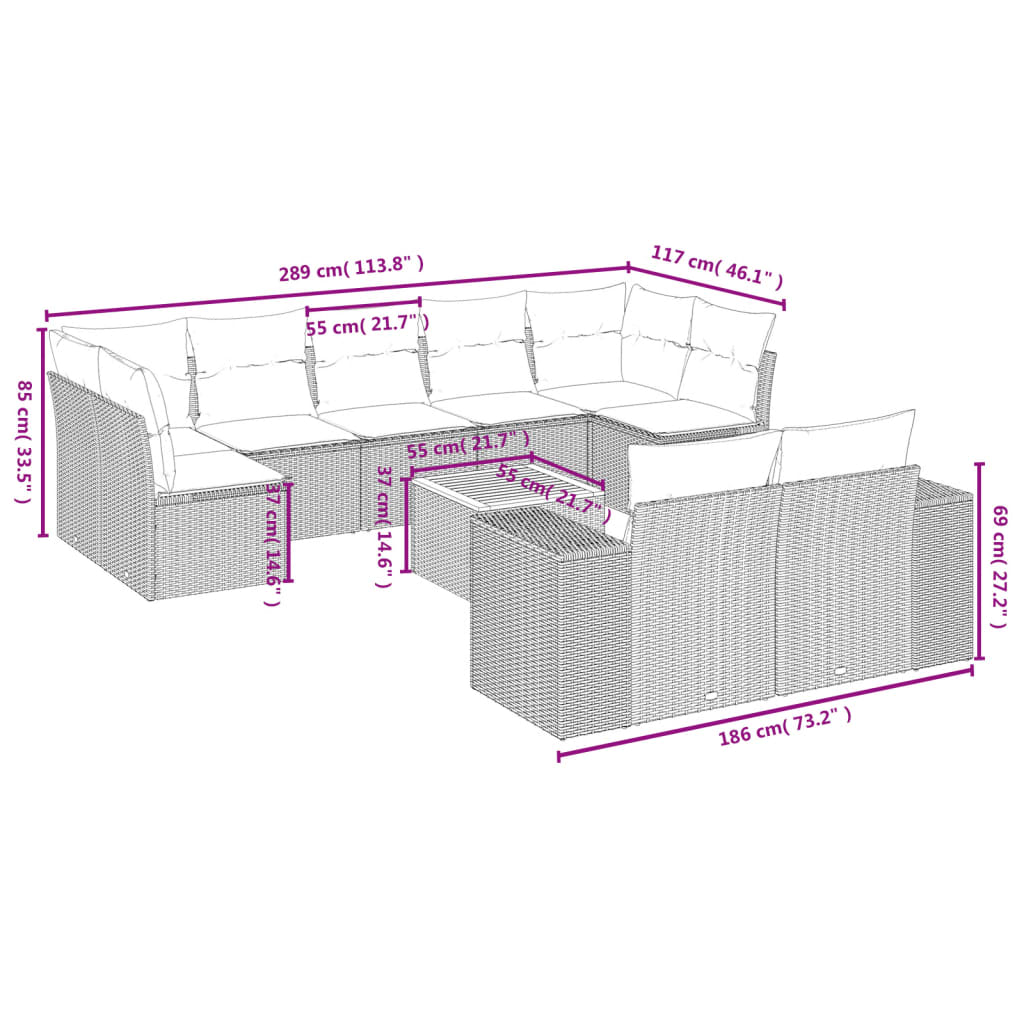 Set Divano da Giardino 10 pz con Cuscini Beige in Polyrattan | homemem39