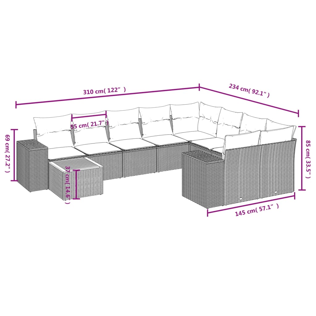 Set Divani da Giardino 10pz con Cuscini in Polyrattan Nero | homemem39