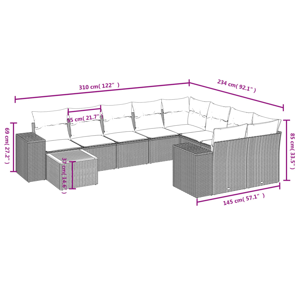 Set Divano da Giardino 10 pz con Cuscini Beige in Polyrattan | homemem39
