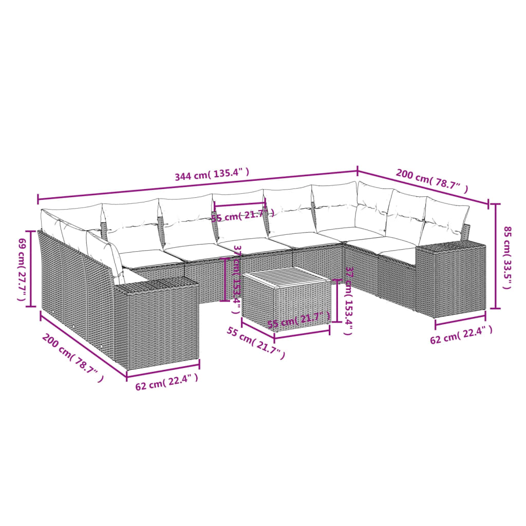 Set Divani da Giardino 11 pz con Cuscini in Polyrattan Nero | homemem39