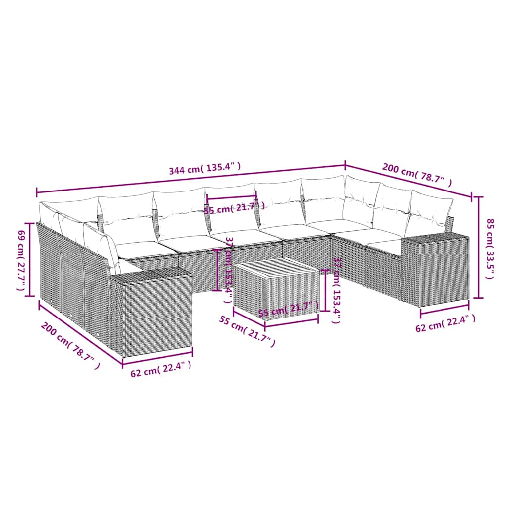 Set Divani da Giardino 11 pz con Cuscini in Polyrattan Nero