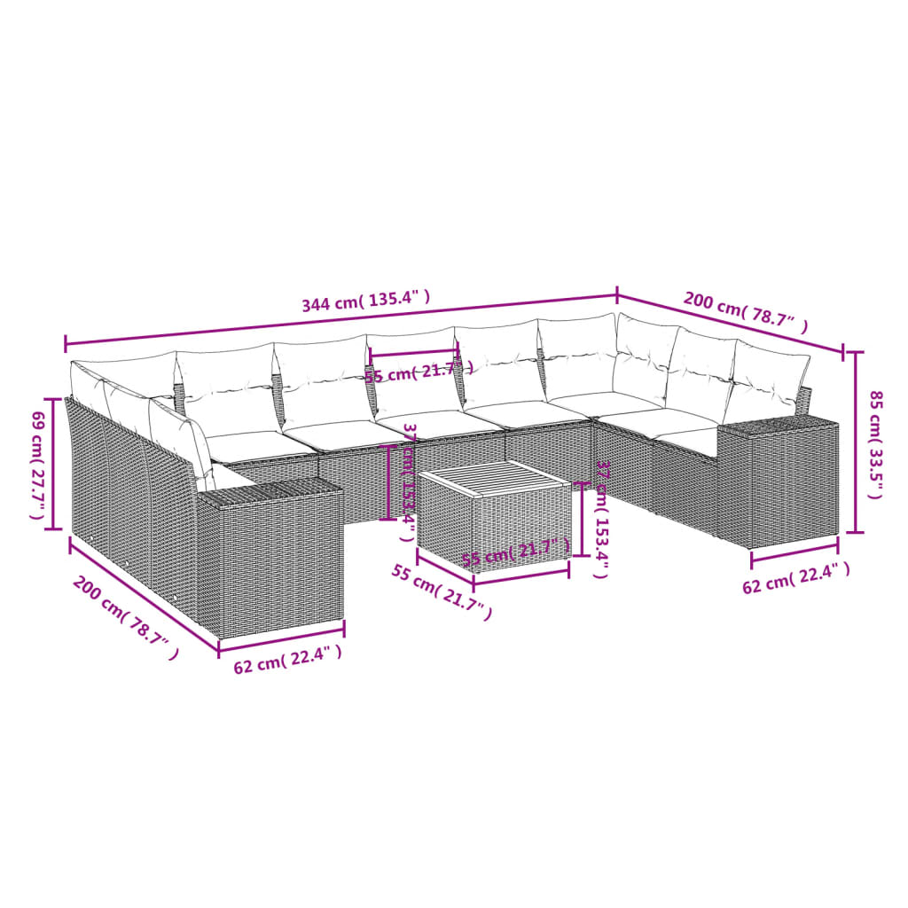 Set Divani da Giardino 11 pz con Cuscini in Polyrattan Grigio | homemem39